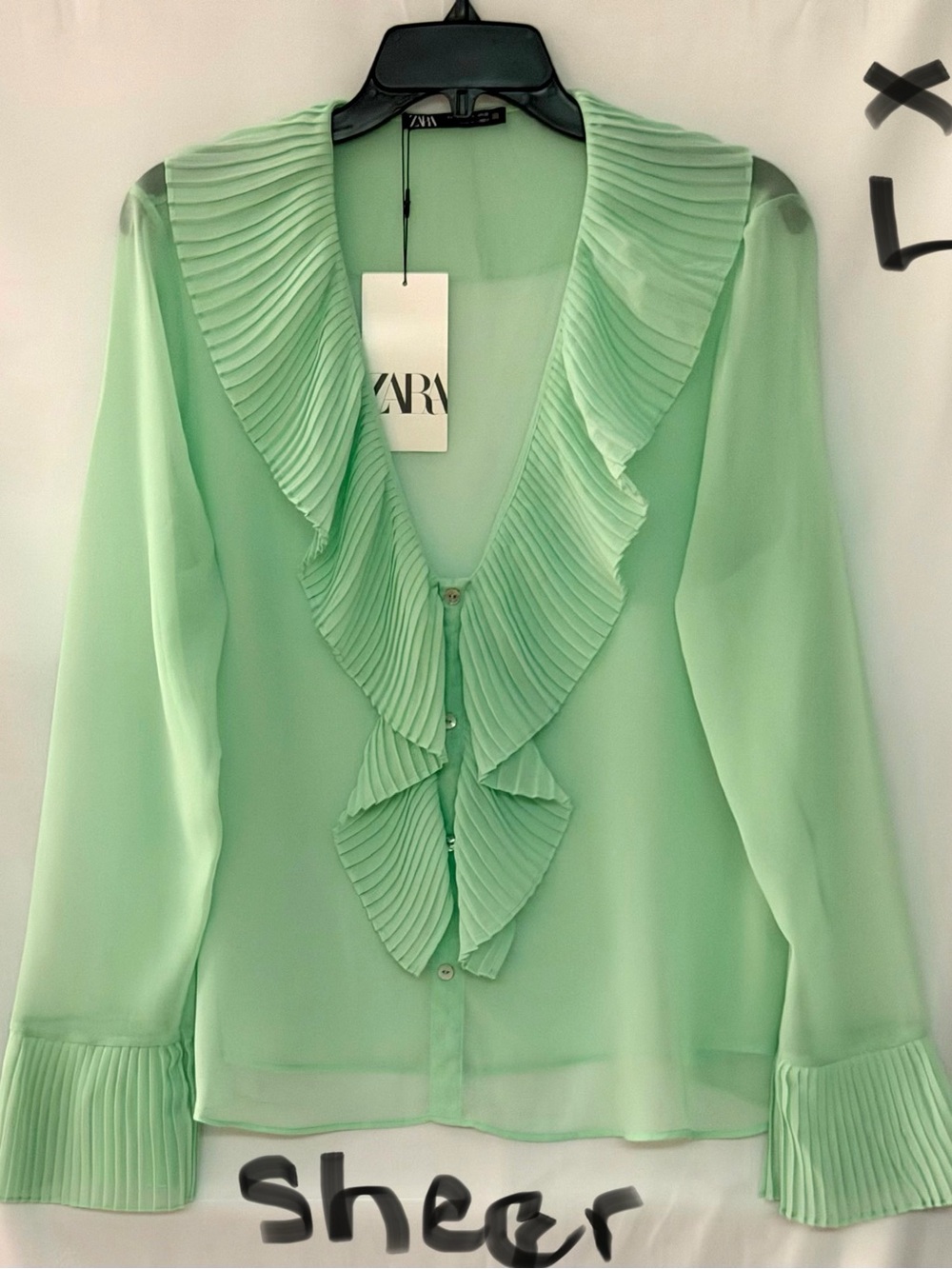 ZARA Sheer Mint Green Pleated Ruffle Blouse
